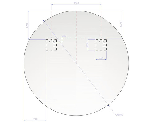 Technický výkres okrúhleho zrkadla s rozmermi