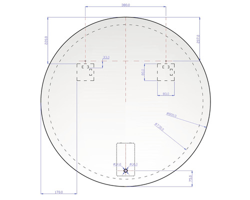 Technický nákres kruhového zrkadla s rozmermi