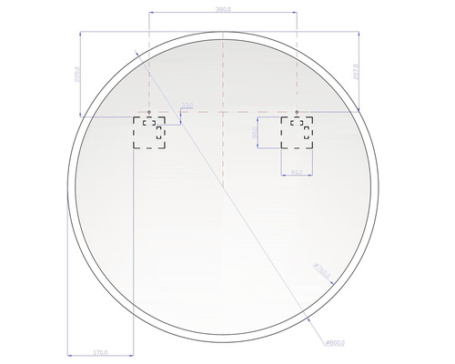 Technický nákres okrúhleho zrkadla s rozmermi