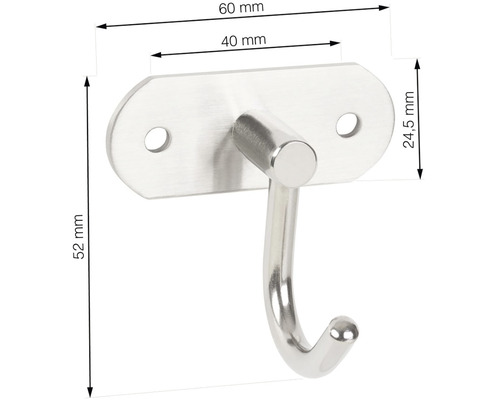 Nerezový vešiak na šaty s rozmermi 60 mm, 40 mm, 24,5 mm a 52 mm.
