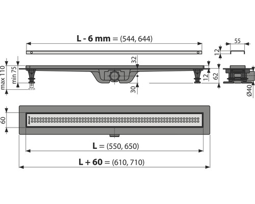 Technický nákres sprchového žľabu s rozmermi