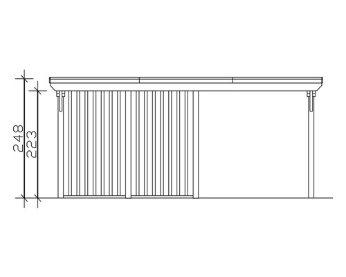 Technický výkres záhradného domčeka s rozmermi 248 a 223 centimetrov.