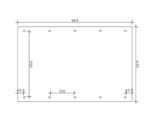 Technický výkres s mierami pre stavebný prvok: dĺžka 969, výška 635, bočná výška vľavo 550