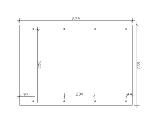 Technický výkres s rozmermi pre nábytkový diel, dĺžka 879 mm, šírka 630 mm