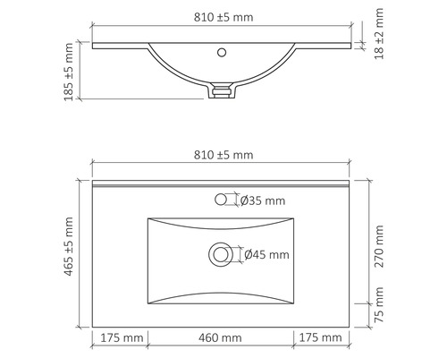 Technický nákres umývadla s rozmermi