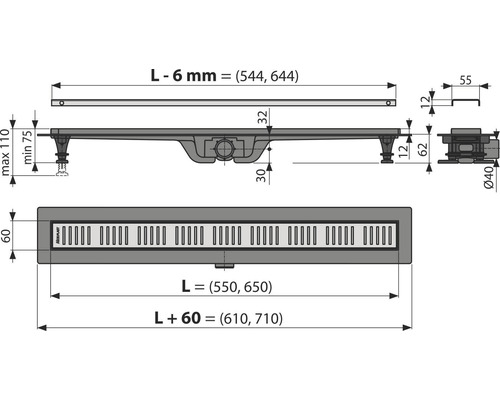 Technický nákres sprchového žľabu s rozmermi.