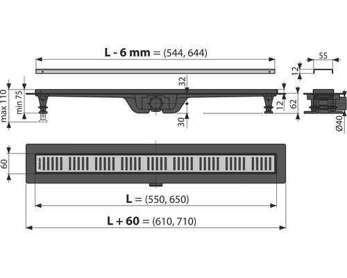 Technický nákres sprchového žľabu s rozmermi