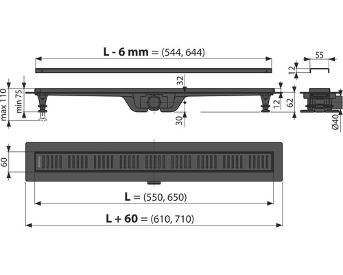 Technický nákres sprchového žľabu s rozmermi