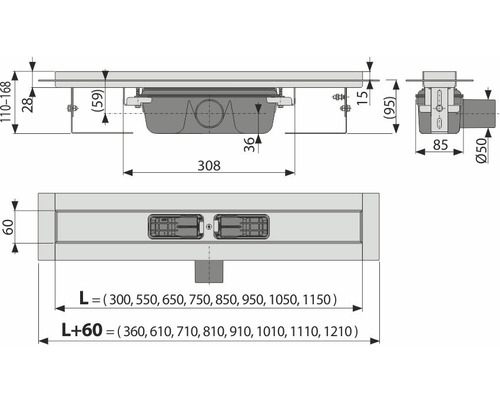 Technický výkres sprchového žľabu s rozmermi