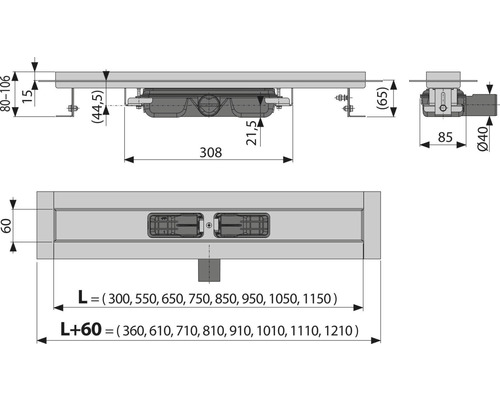 Technický nákres sprchového žľabu s rozmermi.