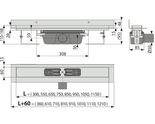 Technický nákres sprchového žľabu s rozmermi