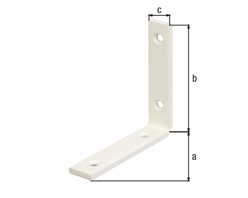 Rohový spojovací prvok z kovu s otvormi pre skrutky a rozmermi a, b a c