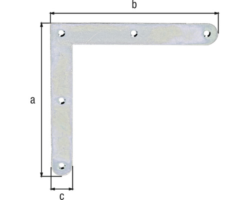 Kovový uholník s otvormi na upevnenie, rozmery a, b a c