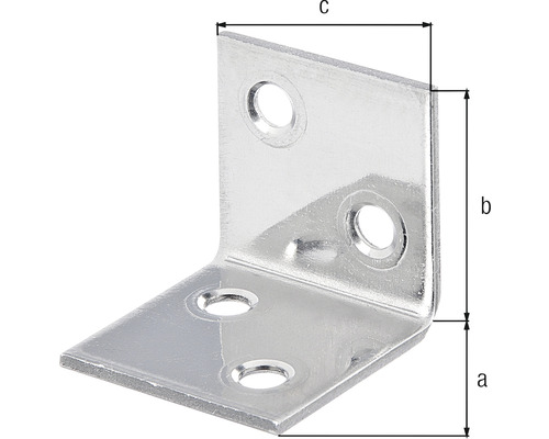 Rohový spojovací prvok s otvormi a rozmermi a, b a c.