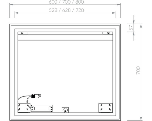 Technický nákres zrkadla s rozmermi 600/700/800 milimetrov krát 700 milimetrov.