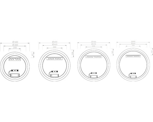 Technický nákres okrúhlych zrkadiel s rôznymi priemermi a rozmermi