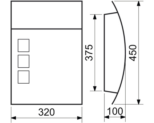 Technický nákres kúpeľňovej skrinky s rozmermi 320 x 375 x 450 x 100 milimetrov.