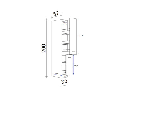 Technický nákres vysokej skrine s rozmermi.
