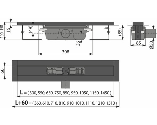 Technický výkres sprchového žľabu s rozmermi.