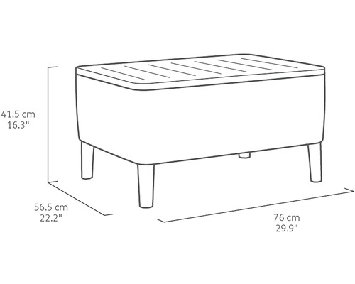 Ilustrácia záhradného boxu s rozmermi 41,5 cm výška, 56,5 cm šírka a 76 cm dĺžka.