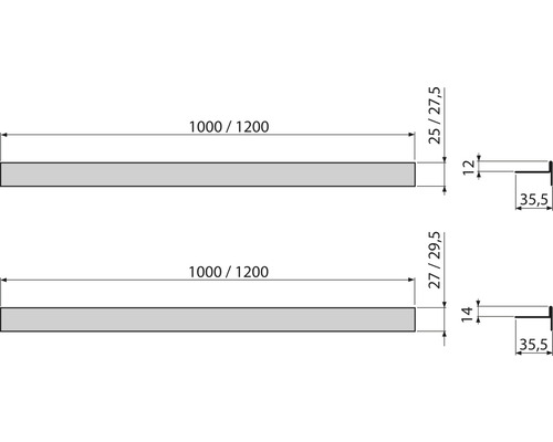 Technický nákres dvoch drevených profilov s rozmermi