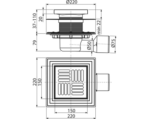 Technický nákres podlahovej vpuste s rozmermi