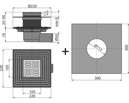 Technický nákres podlahovej vpusťe s rozmermi.
