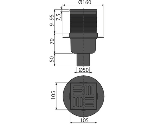 Technický nákres podlahového odtoku s rozmermi