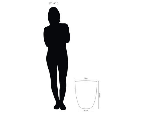 Nákres kvetináča s rozmermi výška 42,5 cm, priemer hore 35 cm, priemer dole 20,5 cm a žena na porovnanie veľkosti