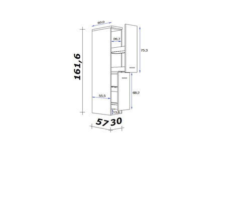 Technický výkres kúpeľňovej skrinky s rozmermi
