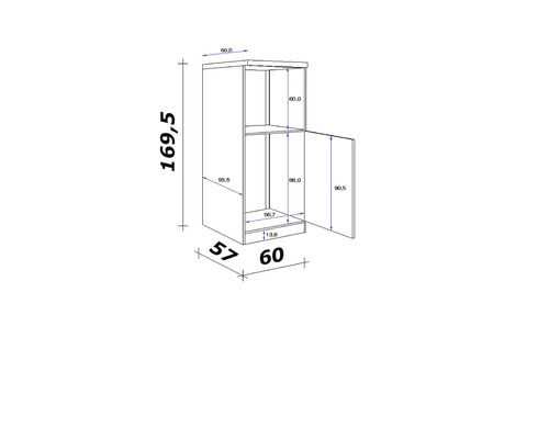Technický výkres kúpeľňovej skrinky s rozmermi