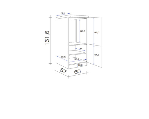 Rozmerový nákres vysokej skrine s otvorenými dverami a vnútornými priehradkami