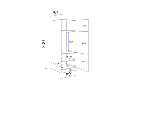 Technický nákres skrine s rozmermi