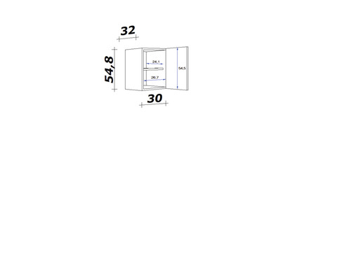 Technický výkres nástennej skrinky s rozmermi.