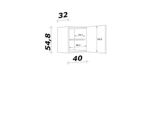 Technický nákres závesnej skrinky s rozmermi 32 x 54,8 x 40 centimetrov.