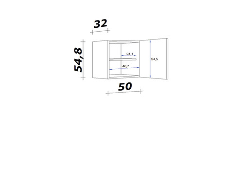 Technický nákres závesnej skrinky s rozmermi 54,8 x 50 x 32 cm.