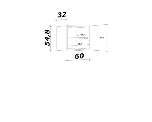 Technický nákres nástennej skrinky s rozmermi