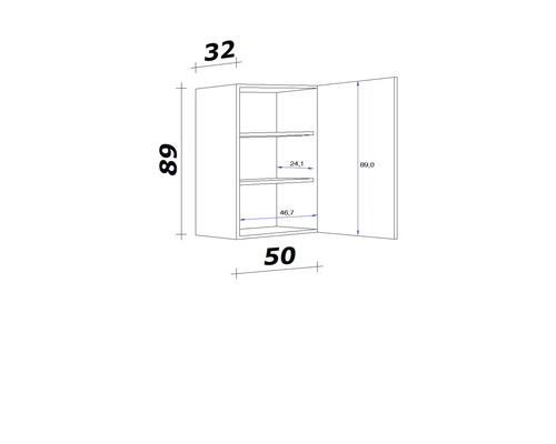 Technický nákres závesnej skrinky s rozmermi