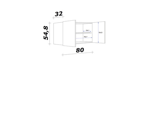 Technický nákres závesnej skrinky s rozmermi.