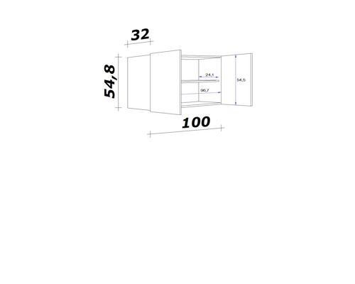 Technický nákres nástennej skrinky s rozmermi.