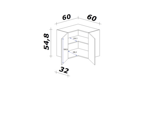 Technický nákres rohovej skrinky s rozmermi