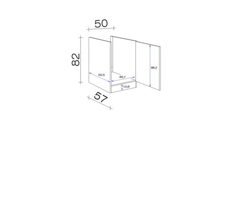Technický nákres spodnej skrinky s rozmermi 50 x 82 x 57 cm.