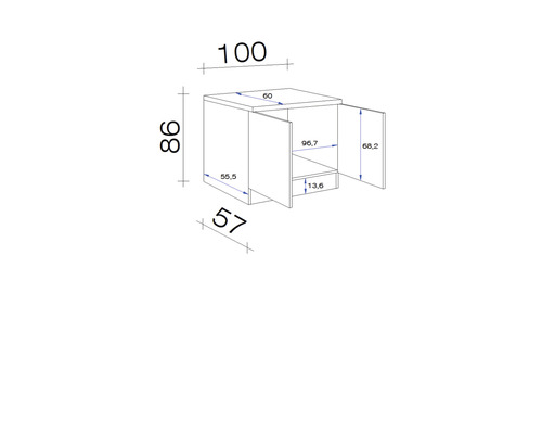 Technický nákres spodnej skrinky s rozmermi.