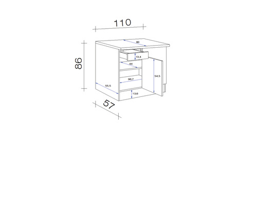 Technický nákres spodnej skrinky s rozmermi
