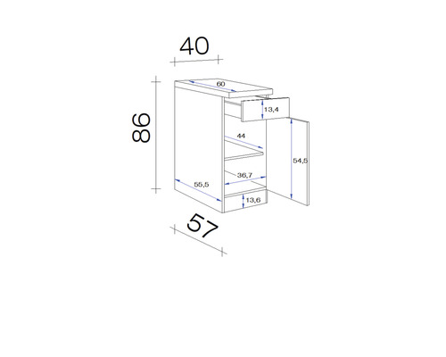 Technický nákres spodnej skrinky so zásuvkou a dverami, vrátane rozmerov