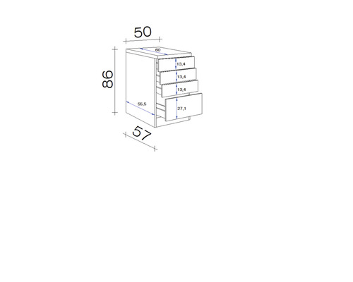 Technický nákres spodnej skrinky so štyrmi zásuvkami a rozmermi.