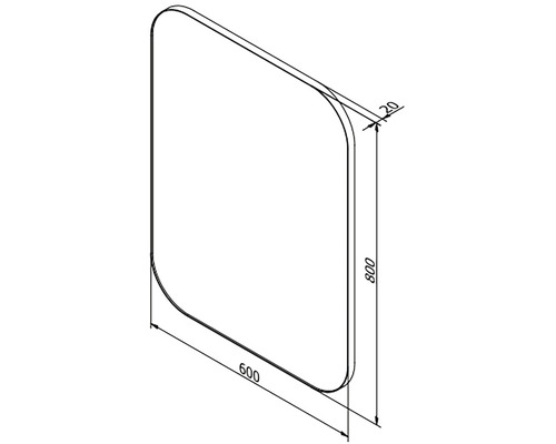 Technický nákres zrkadla so zaoblenými rohmi a rozmermi 600 x 800 mm
