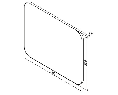 Technický výkres sprchovej steny s rozmermi 1000 x 800 x 25 mm.
