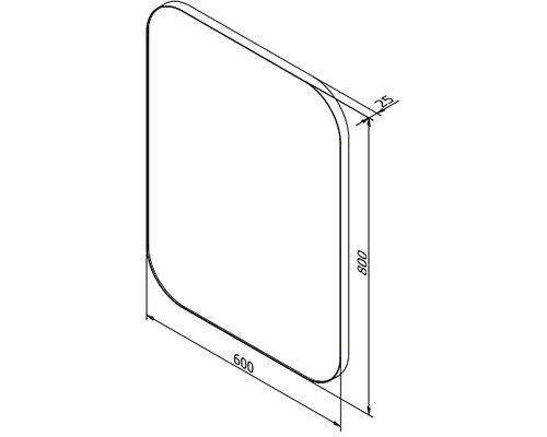 Technický nákres vaňovej zásteny s rozmermi 800 x 600 x 25 milimetrov