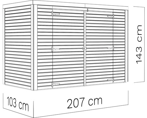 Obrázok záhradného boxu s uvedením rozmerov.